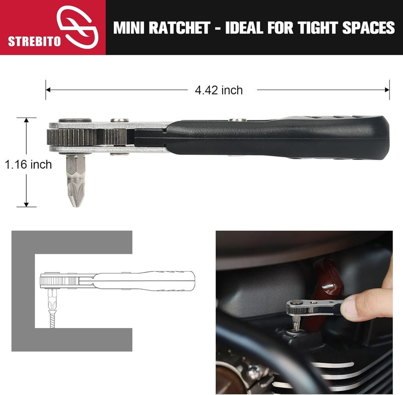 STREBITO Mini Ratchet Set, 22-Piece 1/4 Ratchet Right Angle Screwdriver, 36-Tooth Small Ratcheting Wrench Bit Ratchet For Tight Spaces, with Phillips, Slotted, Torx, Hex, Square and Adapter for Socket - Image 3